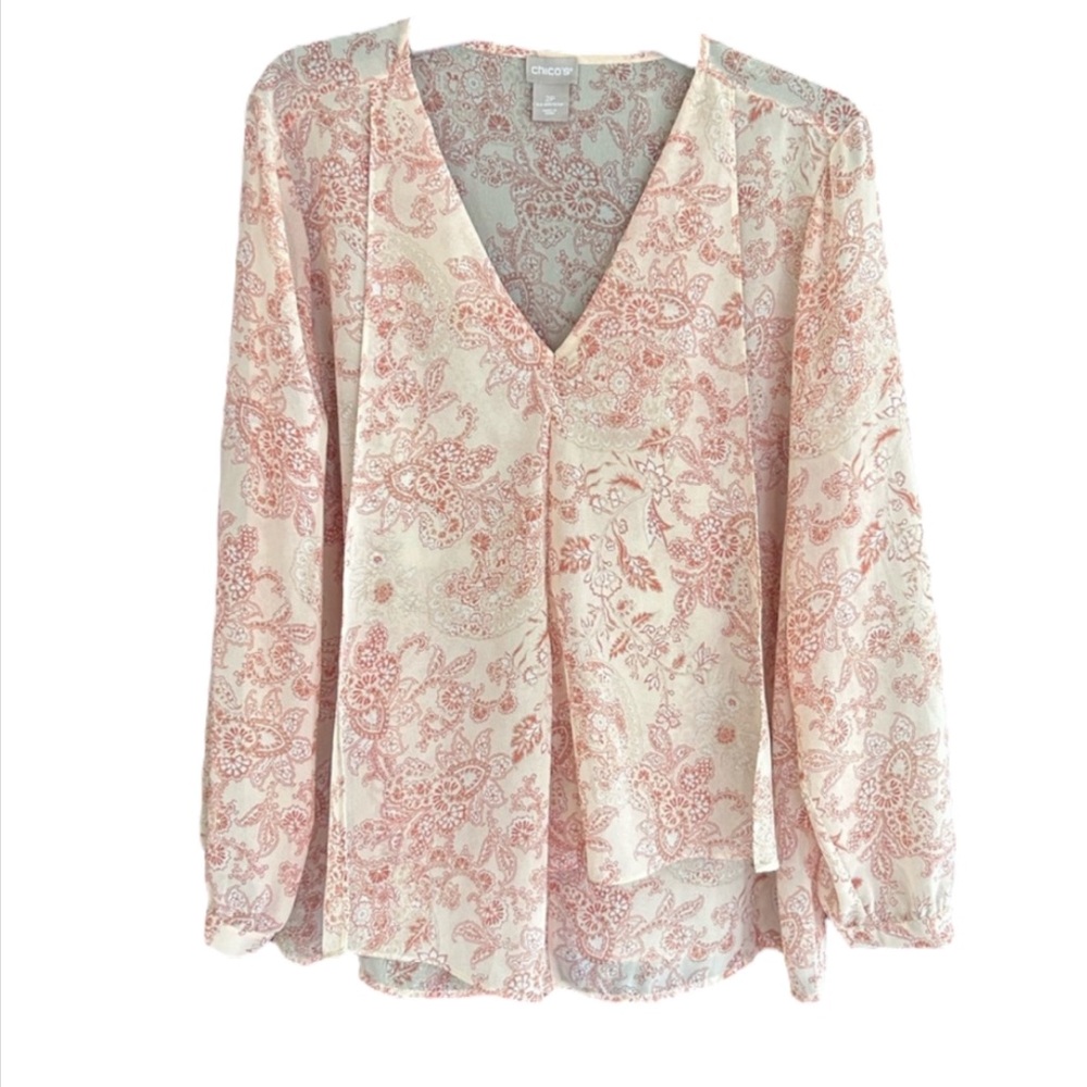 CHICO’S Flounce Front Sheer Paisley Top Lightweight Long Sleeve Blouse | Sz L 2P